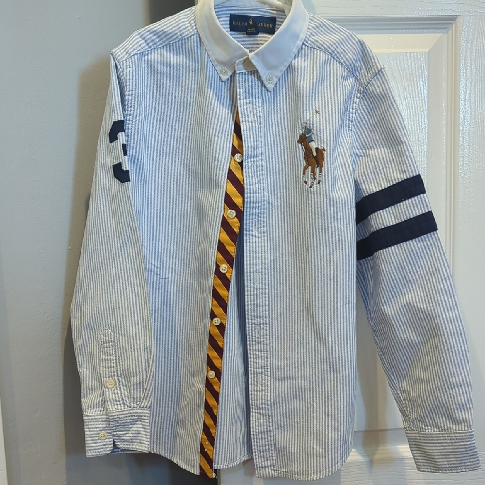 Ralph Lauren Boys Blue and White Striped Shirt with Embroidered Logo